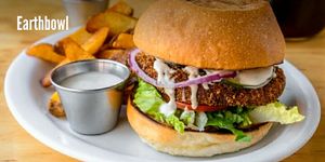 Crispy "Chick'n" Sandwich with an option of side of fries, soup or salad. at EarthBowl in Tijuana