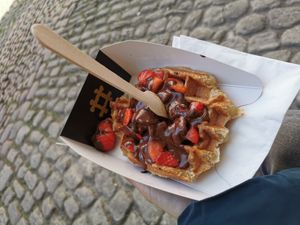 With strawberry and chocolat 7€ at VeganWaf in Brussels