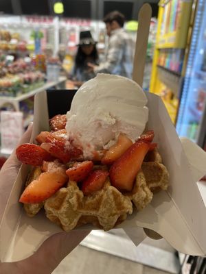 Waffle with strawberries and vanilla ice cream  at VeganWaf in Brussels