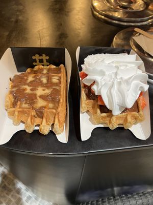 Chocolate with salted caramel and chocolate, strawberry with whipped cream    at VeganWaf in Brussels
