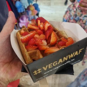 Fresh waffle with fresh strawberry topping. at VeganWaf in Brussels