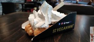 My waffle with banana and chantilly topping, NOTE HappyCOW Logo !!!! at VeganWaf in Brussels