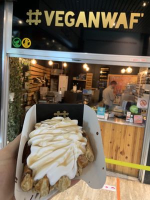 Whipped cream, chocolate sauce and maple syrup  at VeganWaf in Brussels