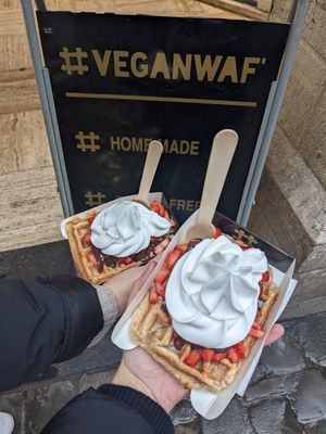 Chocolate sauce, strawberries, and Chantilly! #Veganuary at VeganWaf in Brussels