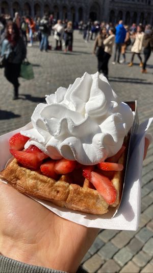 Waffle with whipped cream and strawberries   at VeganWaf in Brussels