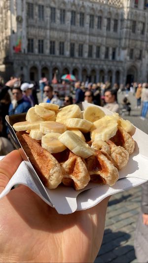 Waffles with salted caramel syrup and banana   at VeganWaf in Brussels