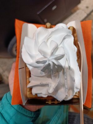 Waffle with chocolate sauce and whipped cream at VeganWaf in Brussels