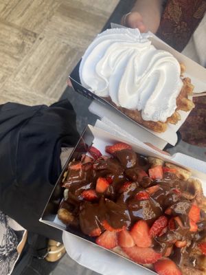 top:salted caramel and whipped cream, bottom:strawberries and chocolate, both amazing!   at VeganWaf in Brussels