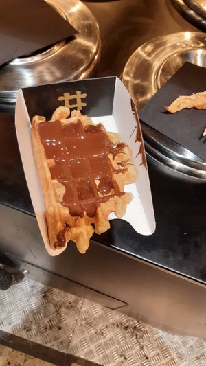 Chocolate sauce on waffle at VeganWaf in Brussels