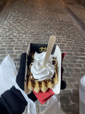 Waffle with chocolate, banana, and whipped cream  at VeganWaf in Brussels
