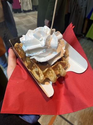 Waffle with chocolate sauce and chantilly  at VeganWaf in Brussels