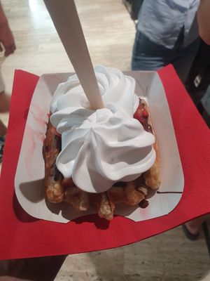 Waffle with chocolate sauce, strawberries and whipped cream at VeganWaf in Brussels