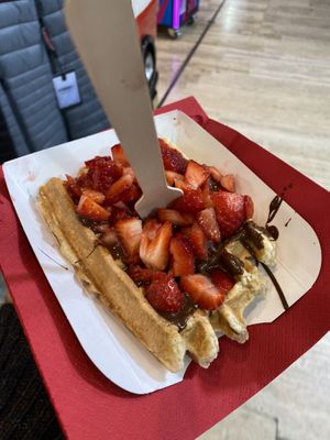 Vegan waffle with chocolate and strawberry (you can specify in which order you’d like them)  at VeganWaf in Brussels