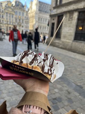  Salted caramel, chocolate, whipped cream vegan waffle 🧇💚  at VeganWaf in Brussels