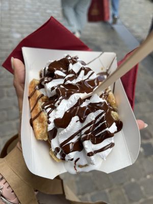 Salted caramel, chocolate, whipped cream vegan waffle 🧇💚  at VeganWaf in Brussels
