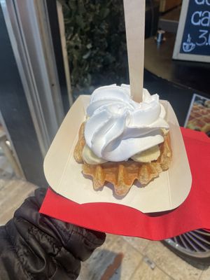 With banana and whipped creamm  at VeganWaf in Brussels