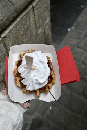 Chocolate sauce and whip cream  at VeganWaf in Brussels