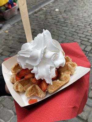 Waffle with strawberrys and whipped cream at VeganWaf in Brussels