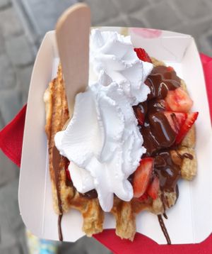 Strawberry, chocolate and whipped cream at VeganWaf in Brussels