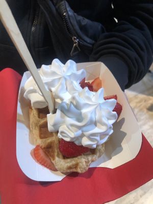 Waffle with strawberries and whipped cream   at VeganWaf in Brussels