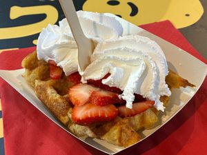 Belgian waffle with Chantilly cream and strawberries at VeganWaf in Brussels