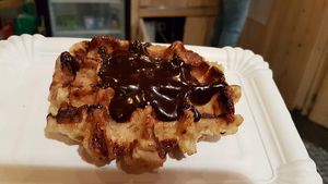 waffle with chocolate sauce at VeganWaf in Brussels