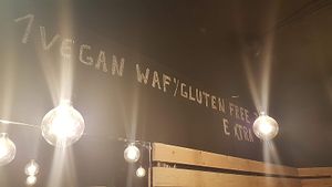 interior, writing on wall at VeganWaf in Brussels