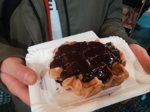 waffle with chocolate topping at VeganWaf in Brussels