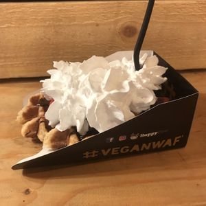 Waffles with cream, strawberry’s and chocolate spread  at VeganWaf in Brussels