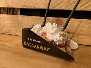 Waffle with strawberries and whipped cream  at VeganWaf in Brussels