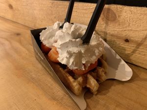 Waffle with strawberries and whipped cream  at VeganWaf in Brussels