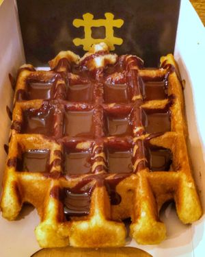 with chocolate sauce  at VeganWaf in Brussels