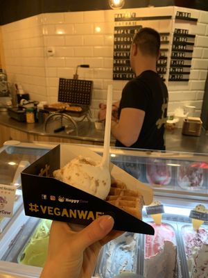 Waffle with salted peanut ice cream 💕 at VeganWaf in Brussels