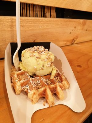 Vegan waffle with vegan pistachio ice cream at VeganWaf in Brussels