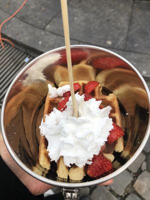 Gaufre avec de la chantilly et des fraises 🍓  at VeganWaf in Brussels
