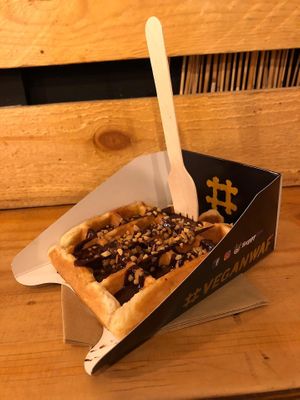 Waffle with chocolate sauce and hazelnuts at VeganWaf in Brussels