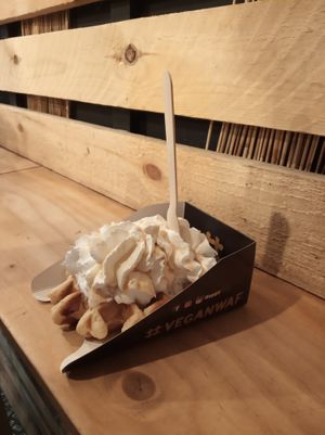 Waffle with whipped cream and maple syrup at VeganWaf in Brussels