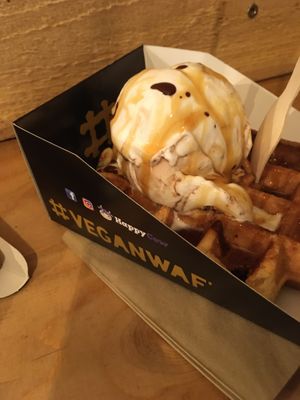 Waffle with caramel sauce and Ferrero Rocher ice cream at VeganWaf in Brussels