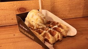 Vegan waffle with caramel sauce, salty peanut ice cream and caramel sauce. at VeganWaf in Brussels