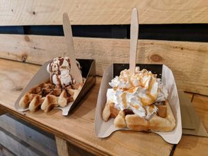 Waffle perfection. Chocolate sauce with salted peanut ice cream and caramel sauce with whipped cream. at VeganWaf in Brussels