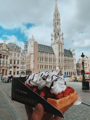 Waffel with strawberries, chocolate sauce and whipped cream!  at VeganWaf in Brussels