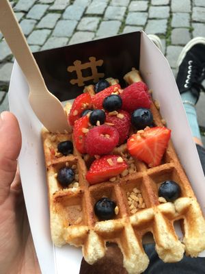 Toppings: mixed berries and nuts. at VeganWaf in Brussels