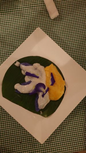 Mango sticky rice (blue colored rice) at The Garden in Koh Lanta