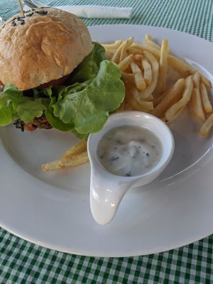 Vegan burger and chips at The Garden in Koh Lanta