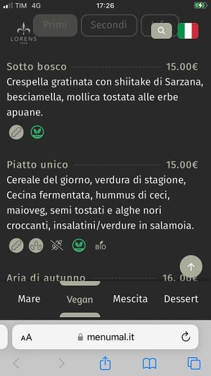 Menu first course  at Lorens in Massa