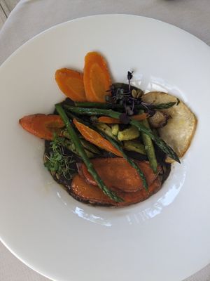 Roast veg in black lentil sauce at Lorens in Massa