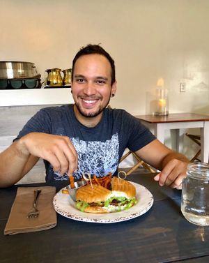 Vegan burger and sweet potato fries  at Sukha Cafe in Baton Rouge
