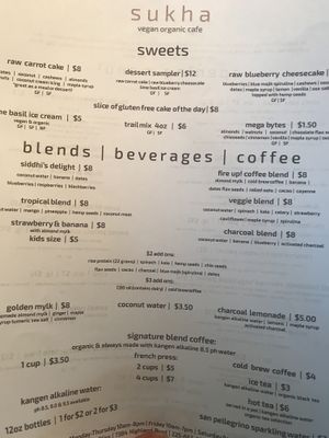 Menu at Sukha Cafe in Baton Rouge