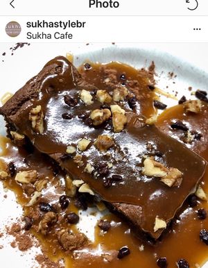 V & GF, In house baked chocolate brownie with salted caramel sauce (all made from scratch in house) at Sukha Cafe in Baton Rouge