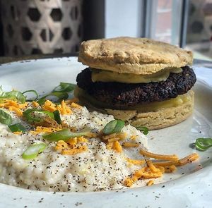 sukhastylebr
Smoked Mushroom Maple Sausage & Cheese Biscuit served with Cheese Grits 
ALL MADE IN HOUSE
Fresh biscuits, Sausage in house made at Sukha Cafe in Baton Rouge
